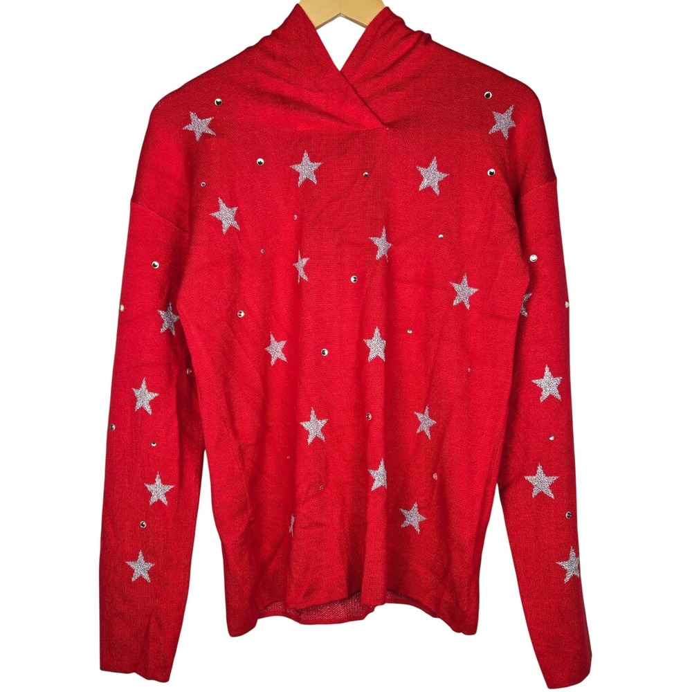 Marled Reunited Clothing Womens Red Star Rhinestone Knit Hoodie Sweater S NEW